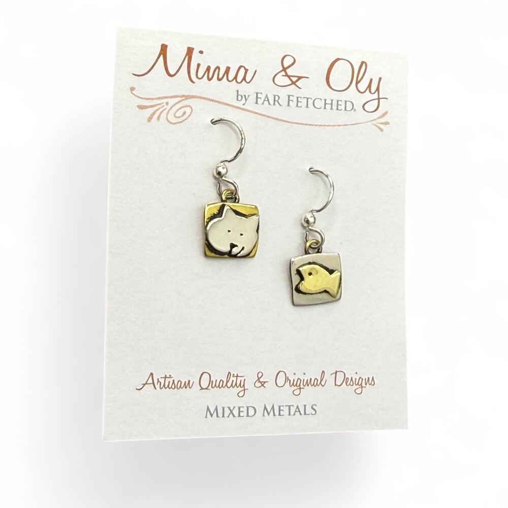 Far Fetched Cat and Fish Dangle Earrings Silver Plated Artisan Kitty Kitten